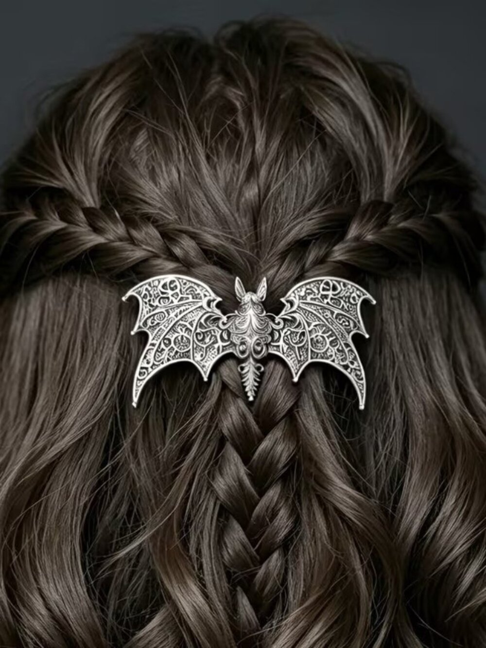 1pc Vintage Style Silvery Halloween Punk Gothic Carved Bat Hair Barrette